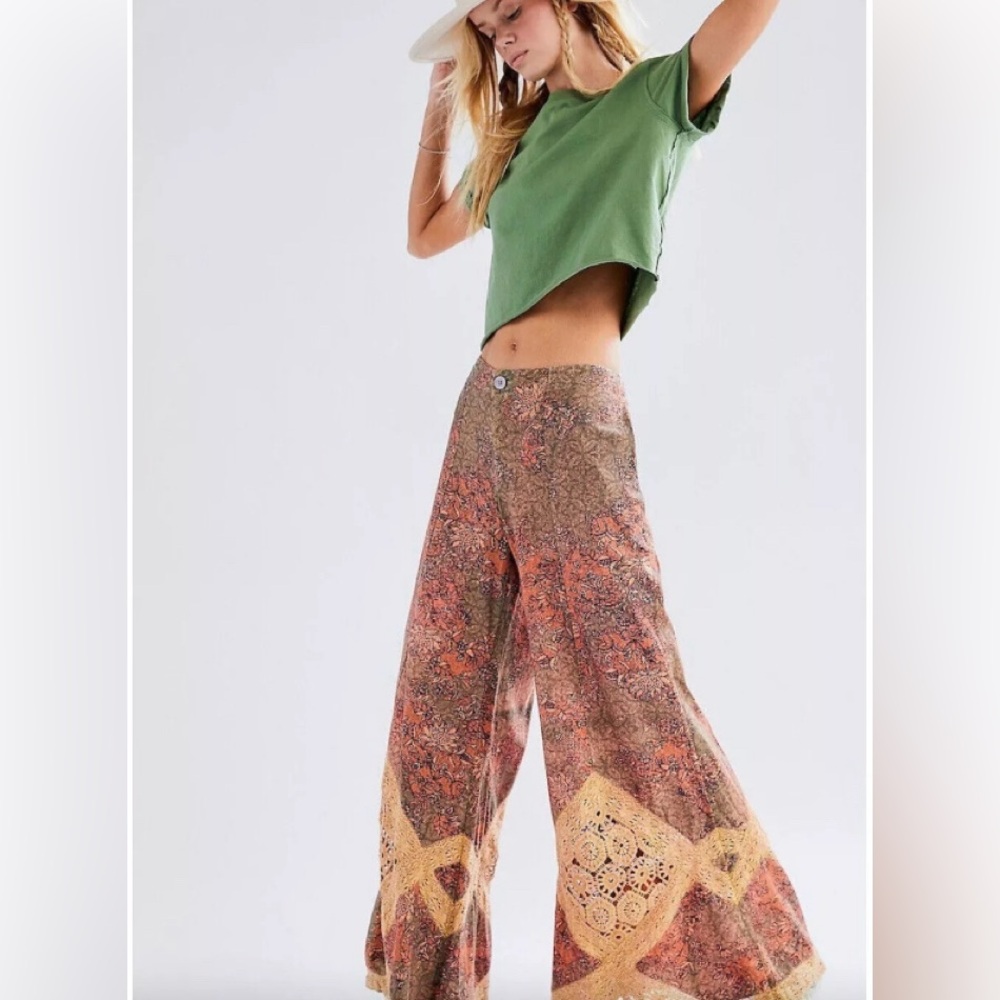 Free People Multicolor Boho Patchwork Lace-Trim Flare Pants